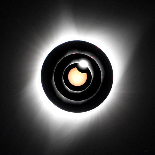 File:A645, August 21, 2017 total solar eclipse composite image with corona, prominences, diamond ring and partial eclipse with sunspots.jpg