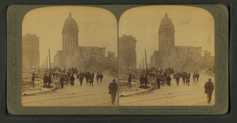 File:After the greatest of modern catastrophes , Market St. N.E., past the Call building, San Francisco, Cal, by Underwood & Underwood 2.png