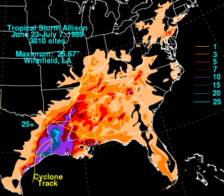 Map of rainfall from Allison across the United States Allison 1989 rainfall.png