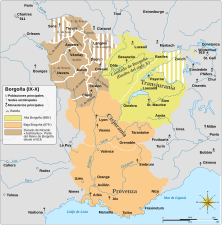 Las cuatro Borgoñas: el ducado, el condado, la Borgoña transjurana, la Borgoña cisjurana con Provenza; las tres últimas fueron tierras del Sacro Imperio desde 1032.