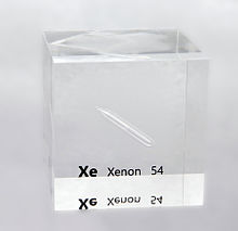An acrylic cube specially prepared for element collectors containing liquefied xenon An acrylic cube specially prepared for element collectors containing an ampoule filled with liquefied xenon.JPG