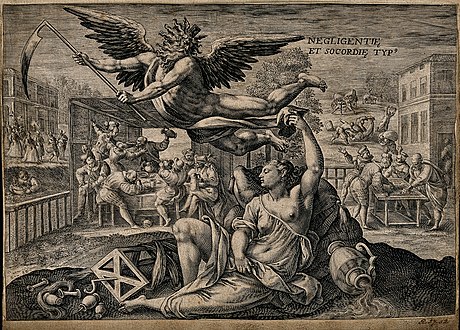 Father Time with a personification of negligence and idleness, Crispijn van de Passe (I), after Maerten de Vos, 1589 - 1611