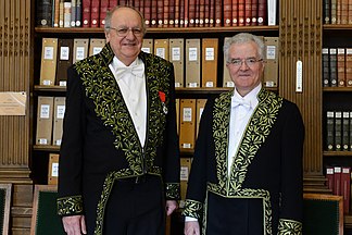 Bernard Dujon (left) and his colleagues (Eric Westhof), wearing the "Habit vert" of the Institut de France. At the French Academy of Sciences.jpg