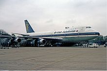 The first Boeing 747 to wear BCal colours being prepared for an engine run prior to delivery to BCal. BCal Boeing 747-100 Fitzgerald.jpg