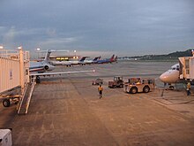 Seven narrow body mainline airplanes start the day at Birmingham International Airport in May 2008.