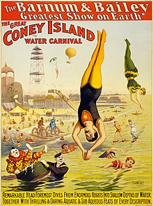 Circus poster, c. 1898, advertising "Remarkable Head-Foremost Dives From Enormous Heights Into Shallow Depths of Water" Barnum & Bailey Coney Island Water Carnival 3g10497u.jpg