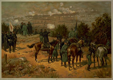 Battle of Chattanooga by Thure de Thulstrup. Ulysses S. Grant uses a field glass to follow the Union assault on Missionary Ridge. Grant is joined by Generals Gordon Granger (left) and George H. Thomas.