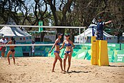 Deutsch: Beachvolleyball bei den Olympischen Jugendspielen 2018; Tag 8, 14. Oktober 2018; Mädchen, Achtelfinale – Mexiko-China 0:2 (15–21/16–21) English: Beach volleyball at the 2018 Summer Youth Olympics at 14 October 2018 – Girls Round of 16 – Mexico-China 0:2 (15–21/16–21)