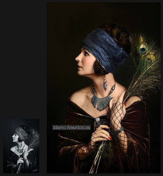 File:Black and white photo of silent films actress Gloria Swanson colorized by photographer Marco Réardon..jpg