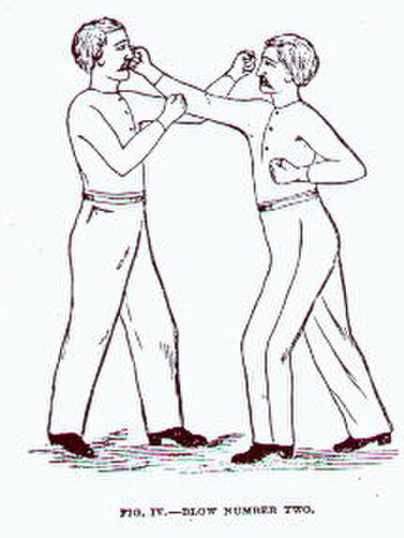 A straight right demonstrated in Edmund E. Price's The Science of Self Defence: A Treatise on Sparring and Wrestling, 1867