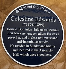 Historical blue plaque created by Sunderland City Council commemorating the life of editor and anti-slavery campaigner Celestine Edwards. Blue plaque commemorating Celestine Edwards.jpg