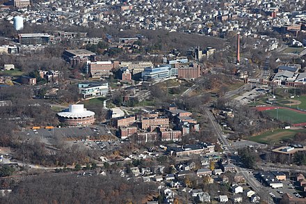 Aerial view of campus in Waltham, Massachusetts