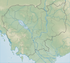 Mapa konturowa Kambodży, po lewej znajduje się czarny trójkącik z opisem „Góry Kardamonowe”