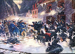 In this street battle scene, blue-coated American and British troops face each other in a snowstorm. The high city walls are visible in the background to the left, and men fire from second-story windows of buildings lining the narrow lane. A body and scaling ladders lie in blood-stained snow in the foreground.