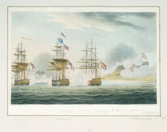 HMS Arethusa and HMS Anson capture the Pomona off Havana, depicted by Thomas Whitcombe