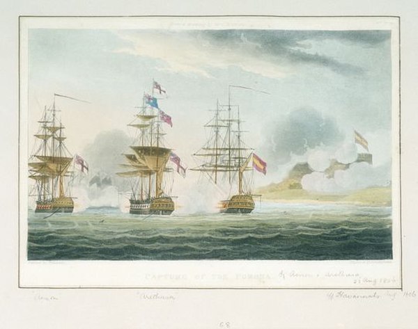 Anson (left) and Arethusa (centre) capture Pomona in 1806