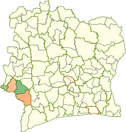 カヴァリィ州(緑)とモンターニュ地方(緑+橙)   Toulépleu Department   Bloléquin Department   Guiglo Department   Taï Department
