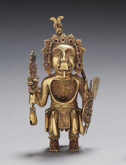 Gold-silver-copper alloy figure of an Aztec warrior, who holds a dartthrower, darts, and a shield Central Mexico, Tetzcoco%3F, Aztec, Post-Classic Period - Figure of a Warrior - 1984.37 - Cleveland Museum of Art.tif