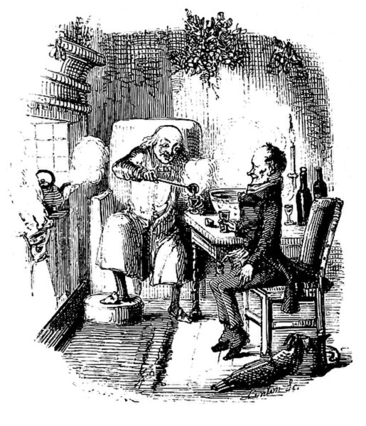 Scrooge and Bob Cratchit celebrate Christmas in an illustration from stave five of the original edition, 1843.