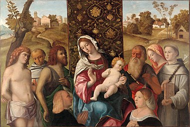 Madonna and Child with Saints (1515) by Cima da Conegliano Cima da Conegliano, Virgin and Child with St. Sebastian, St. Francis, St. John the Baptist, St. Jerome, Harvard Art Museum-Fogg Museum, Gift of the Woodner Family Collection.jpg