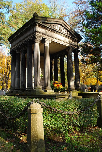 An ornate tomb in the shape of a Greek temple