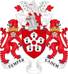 Full coat of arms with the supporters granted in 1929. Coat of Arms of Leicester City Council.svg