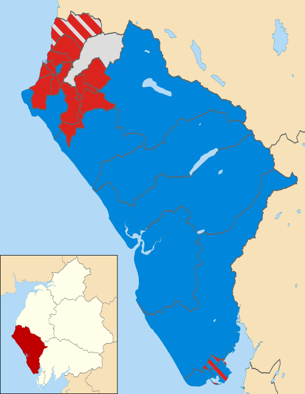 Map of the results of the 2011 Copeland council election. Labour in red, Conservatives in blue and independent in white.