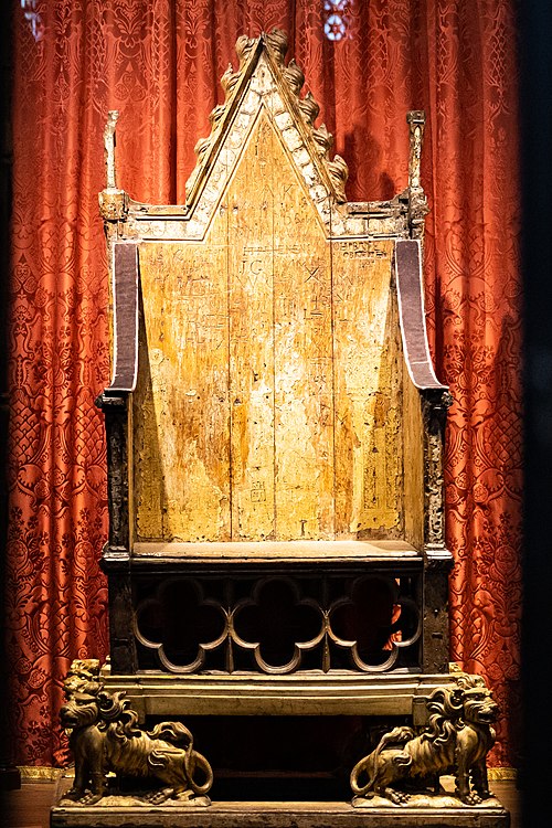The chair in 2023 without the Stone of Scone, which was returned to Scotland in 1996