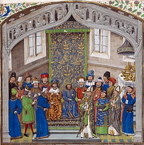 Coronation of Richard II aged ten in 1377, from the Recueil des croniques of Jean de Wavrin. British Library, London. Coronation Richard2 England 01.jpg