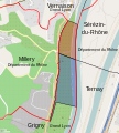 En rouge le territoire de Millery qui a intégré Vernaison, en bleu le territoire qui a rejoint Grigny. Ces deux territoires ont ainsi rejoint la métropole coupant le département du Rhône en deux.