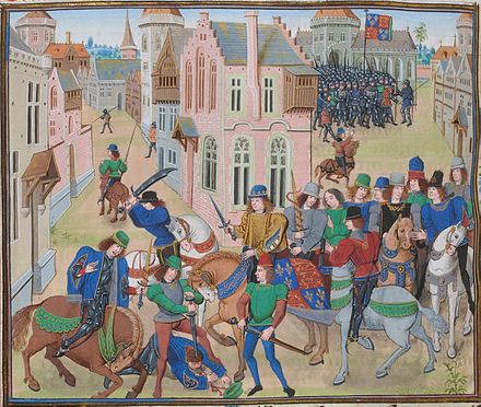Richard II watches Wat Tyler's death and addresses the peasants in the background: taken from the Gruuthuse manuscript of Froissart's Chroniques (c. 1475)