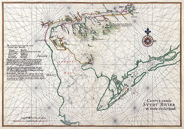 Nautical chart of Zwaanendael Colony, a Dutch colony, and Godyn's Bay (Delaware Bay), 1639