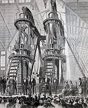 U.S. President Ulysses S. Grant and Emperor Pedro II of Brazil starting the Corliss Centennial Engine at the opening ceremonies of the Centennial Exposition in Philadelphia, 1876.