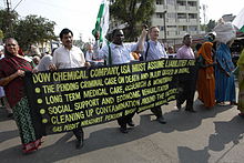 Protest in Bhopal in 2010 Dow Chemical banner, Bhopal.jpg