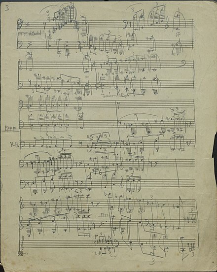 The original manuscript to Dynamic Motion (1916), showing the young Cowell's early methods for notating large piano clusters