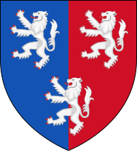 Arms of the Herbert Family, Per pale azure and gules, three lions rampant argent Earl of Powis COA.svg