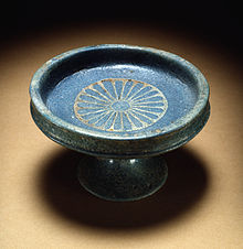 Copper was used in blue pigments like this "Egyptian Blue" faience saucer and stand from the Bronze Age, New Kingdom of Egypt (1400-1325 BC). Egyptian - Blue Faience Saucer and Stand - Walters 481608 - Top.jpg