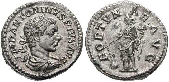 Denarius of Elagabalus, inscribed: imp· antoninus pius aug· on the obverse and fortunae aug· on the reverse, showing Fortuna with a cornucopia and a r