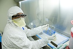 A microbiologist working in a biosafety laboratory tests for high risk pathogens in food FDA microbiologist working in a biosafety laboratory tests for high risk pathogens in food.jpg