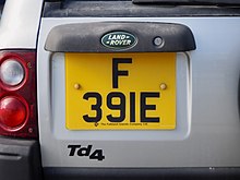 A number plate from the Falkland Islands in the standard private series; F, followed by three serial numbers, and a serial letter. Falkland Islands number plate (private car).jpg