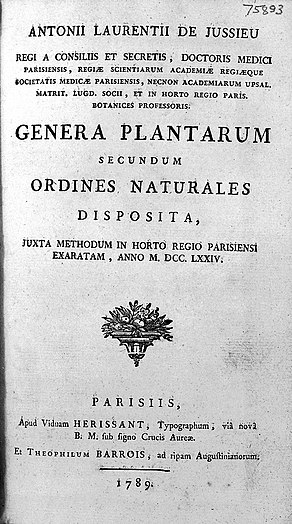 Титульный лист работы Жюссьё Genera plantarum secundum ordines naturales disposita (1789)