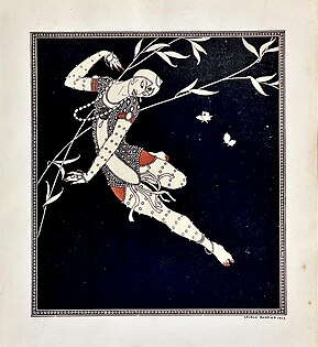 O exotismo dos Ballets Russes teve uma forte influência no começo de Déco. Um desenho do dançarino Vaslav Nijinsky, do artista de moda de Paris Georges Barbier (1913)