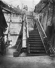 Steps leading down to a German deep dugout at Bernafay Wood, near Montauban, used in the Battle of the Somme, 1916