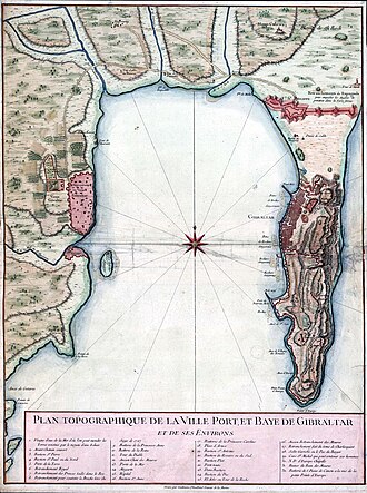 Bay of Gibraltar c. 1750 includes Gibraltar Harbour with Old Mole and short New Mole. Gibraltar and Bay map 1750.jpg