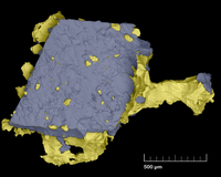 Colored SEM image of native gold and arsenopyrite crystal intergrowth