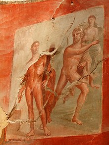A Roman fresco from Herculaneum depicting Hercules (from Etruscan Hercle and ultimately Greek Heracles) and Achelous (patron deity of the Achelous River in Greece) from Greco-Roman mythology, 1st century AD Hall of the Augustals.jpg
