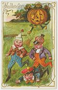 Postcard which depicts goblins running away from a jack-o-lantern.