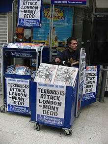 Headlines of the Evening Standard on the day of London bombing on 7 July 2005, at Waterloo station Headlines london bombing 7 july 2005 Waterloo station.JPG