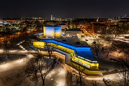 The Helsinki City Theatre in Helsinki, Finland illuminated in the colors of the flag of Ukraine, in solidarity with Ukraine during the 2022 Russian invasion of Ukraine