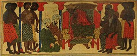 14th century Islamic depiction of the First Hijrah:The King of Aksum declines the Qurayshi request to send the Muslims back to Mecca Hijra Abyssinia (Rashid ad-Din).jpg